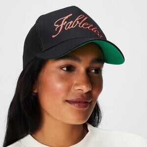 Fabletics Trucker Hat Black Mesh Snapback Cap Gold Script‎ Logo Adjustable